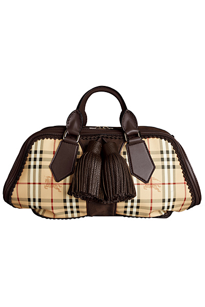 Малка чанта с къси дръжки каре с кафява кожа кант и пискюли Burberry Есен-Зима 2011