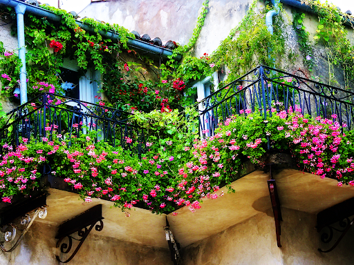 балкон отрупан с цветя