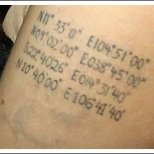 Татуировката на ръката на Анджелина Джоли отблизо - географски координати
