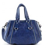 Синя кожена чанта тип куфарче с декоративни ципове