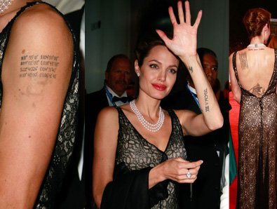 Анджелина Джоли комбинира татуировките си с доста елегантни тоалети