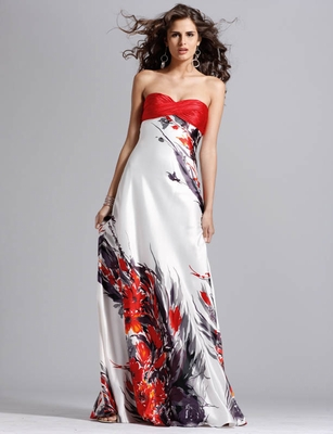 Дълга рокля без презрамки А-силует в бяло с рисунки в червено и черно за бал 2012