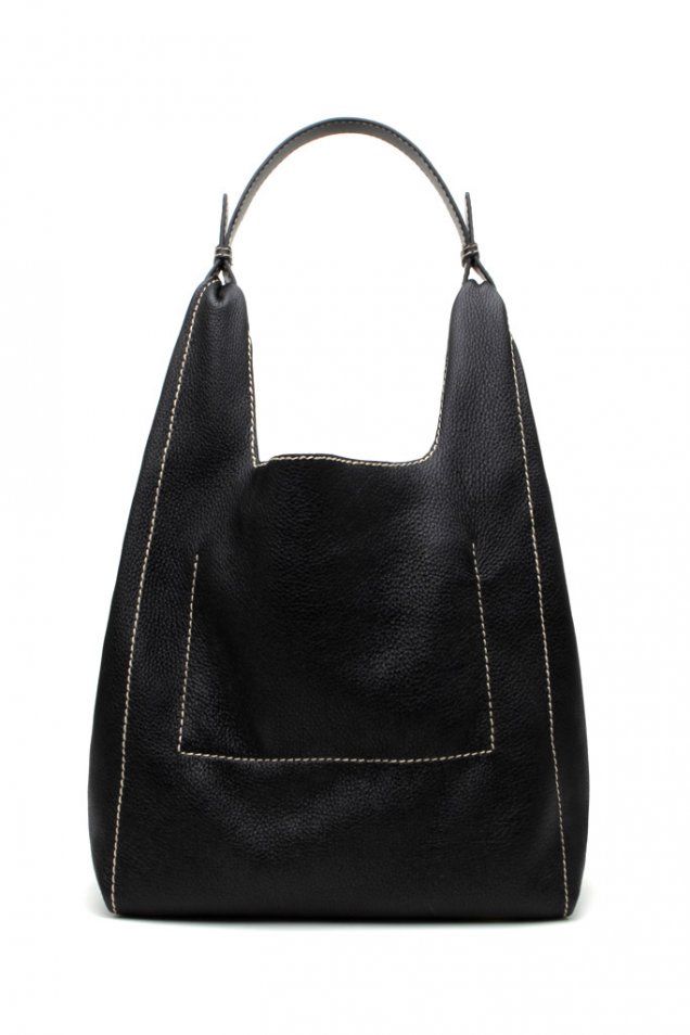 Черна голяма чанта с ъгловата форма с декоративни бели конци Jil Sander Зима 2011/2012