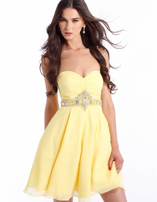 Бледо жълта къса рокля с камъни по колана за бал 2012