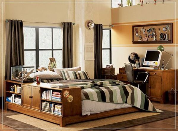 Детска стая за момче с мебели дървесина и легло с място за книги