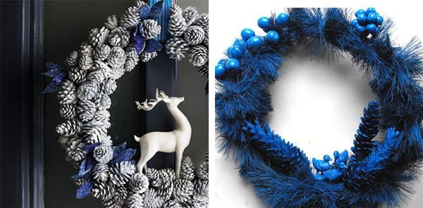 Стилна украса за вратата за Коледа - венци в синьо и бяло