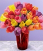 Букет разноцветни лалета в червена ваза