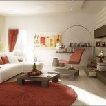 Интериор за хол с червено кресло, червени възглавници и килим