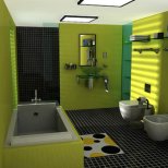 Модерна баня със свежи зелени стени, черен под и бели модули
