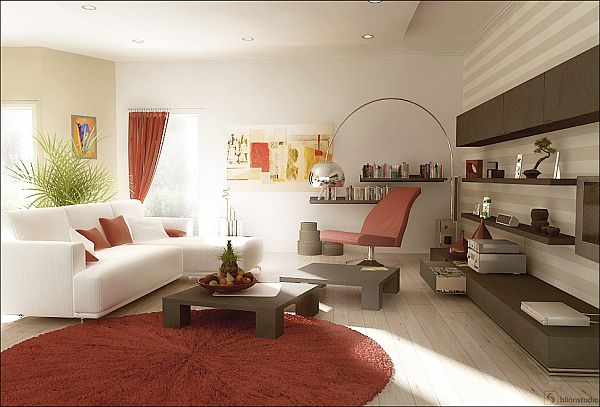 Интериор за хол с червено кресло, червени възглавници и килим