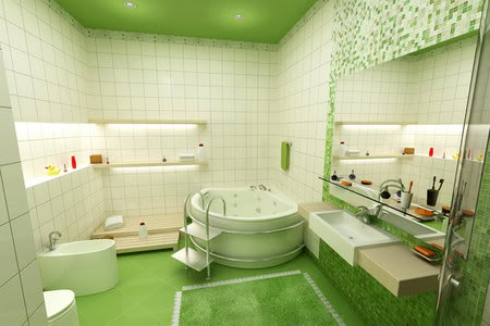 Дизайн за баня в зелено и бяло с вана
