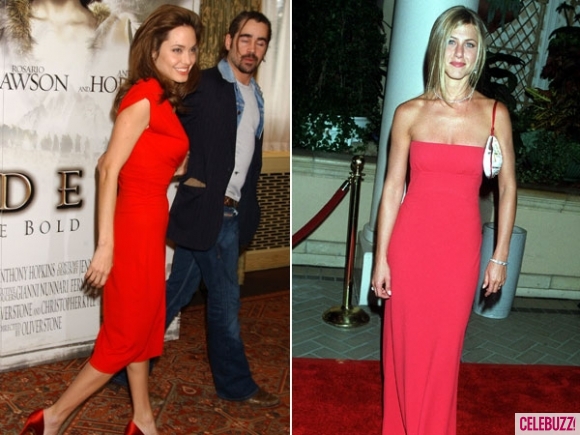 Анджелина Джоли и Дженифър Анистън в червени рокли