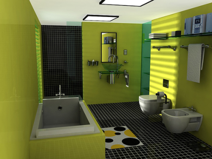 Модерна баня със свежи зелени стени, черен под и бели модули