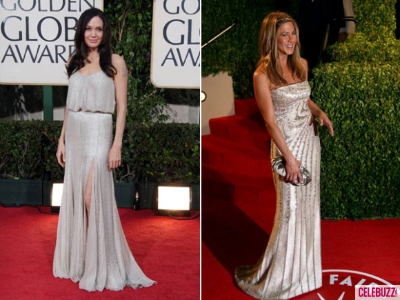 Анджелина Джоли и Дженифър Анистън в сиви дълги рокли
