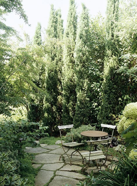 Зелена градина с редени камъни и кипра масичка