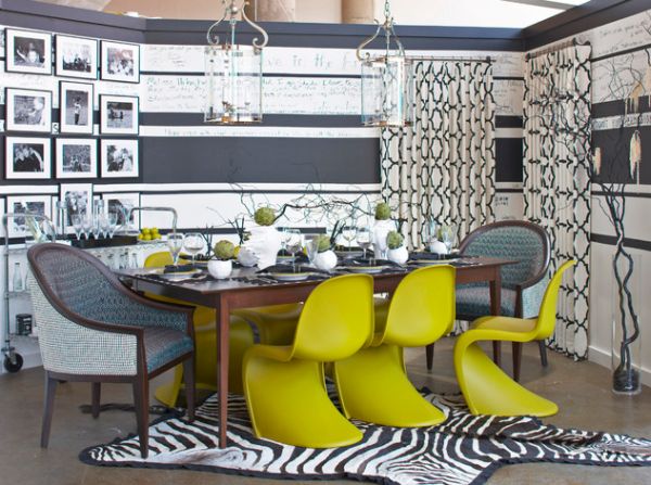 Трапезарна маса с ярко жълти и сиви столове 