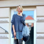 Велурени чизми с къса пола и широк пуловер за есен 2015