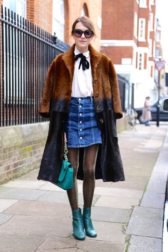 Къса дънкова пола комбинирана с ефектно палто 2016