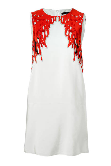 Копринена рокля в коралово и бяло
